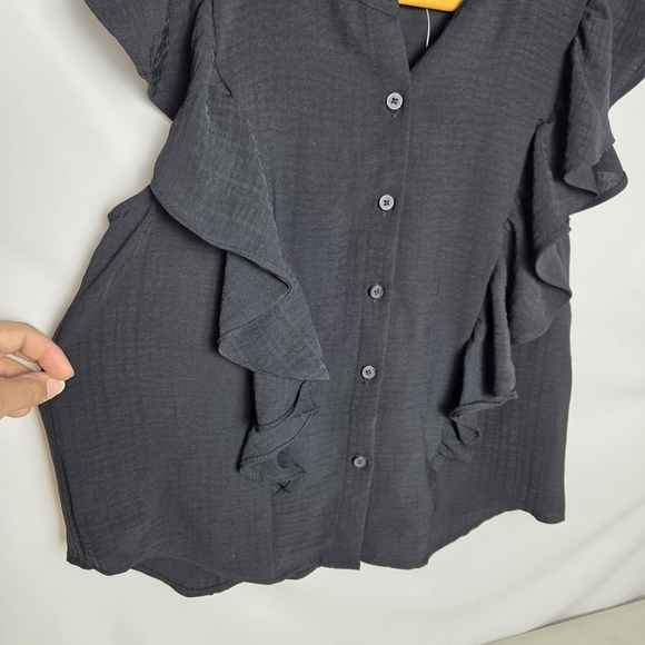 A New Day Black Ruffle-Trim Button Front Top Small Short Sleeve Business Casual - Picture 3 of 8